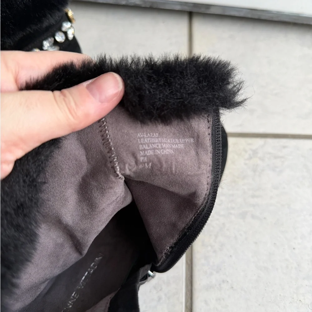 Adrienne Vittadini Lazar Black Fur Trim Ankle Boots 8.5 Block Heel Crystal